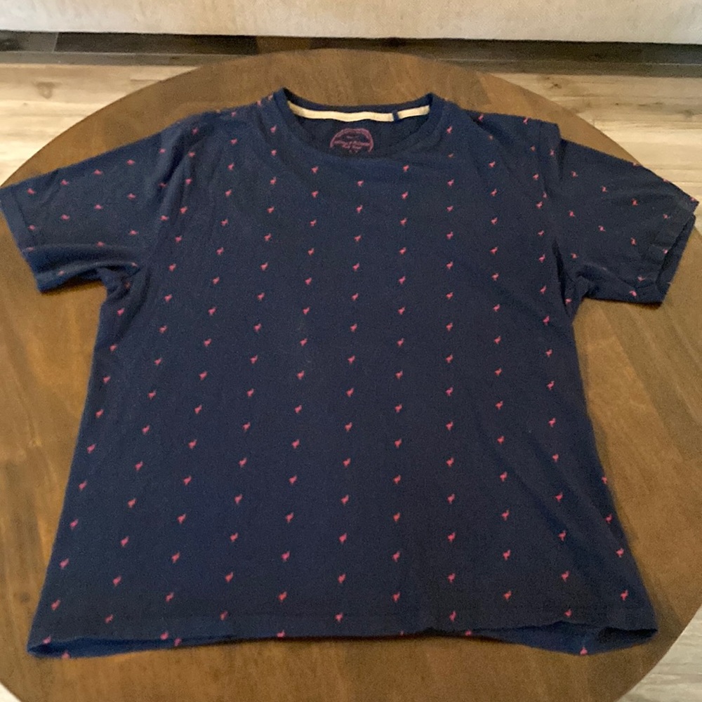 Denim & Flower Flamingo print,black short sleeve T, mens small